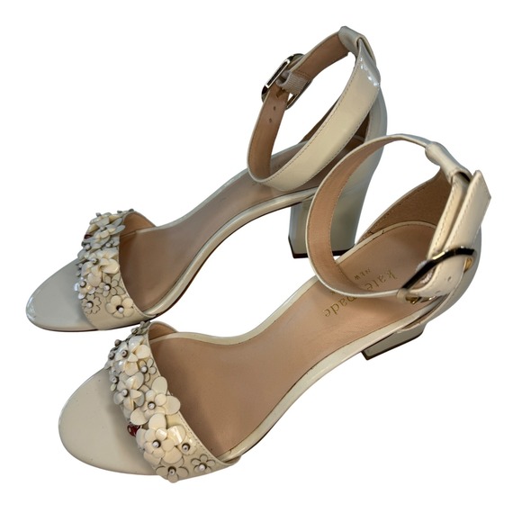 Kate Spade New York Shoes - Kate Spade Tansy Embellished Floral Block Heel Sandals Cream Patent Leather 8.5B